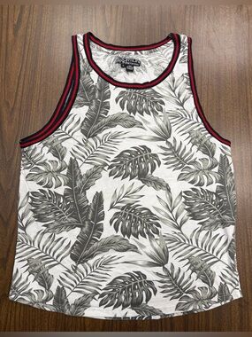 Distortion Men’s Gray Tropical Print Tank Top with Red Trim Size Large